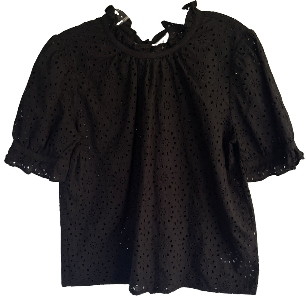 J. Crew Black Eyelet Short Sleeve Top Blouse Size M